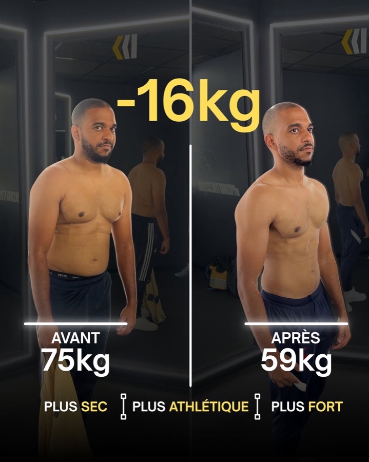 Avant et après d'un client accompagné, de 75 kg à 59 kg